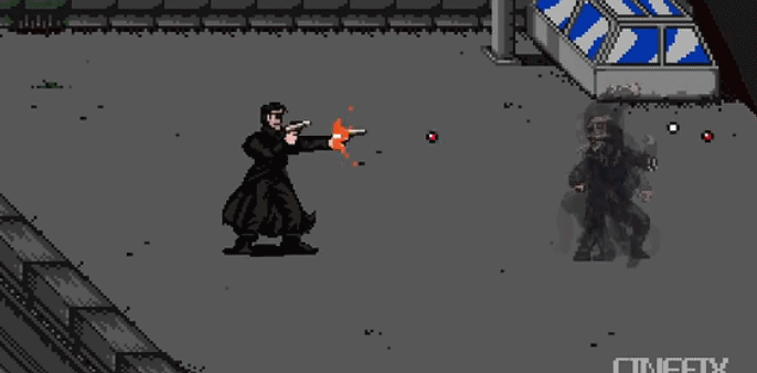 年代游戏风格的元素,电影中的角色使用能量手套来穿越时间,这是8bit