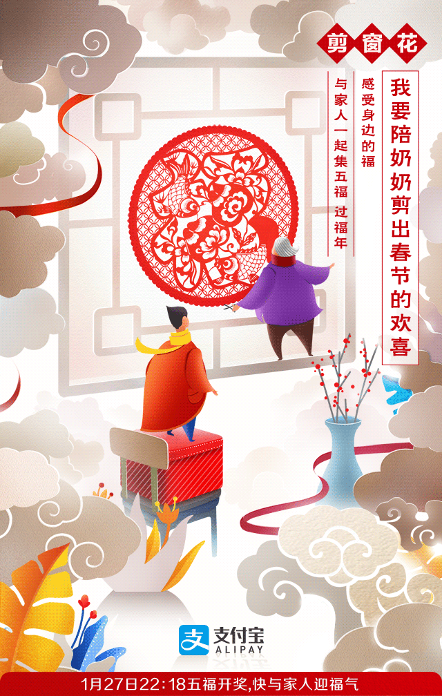 支付宝年味海报,一起集五福大过福年