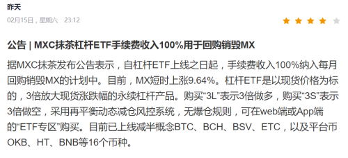 MXC抹茶官宣杠杆ETF手续费100%回购销毁MX，币价创涨幅榜榜首