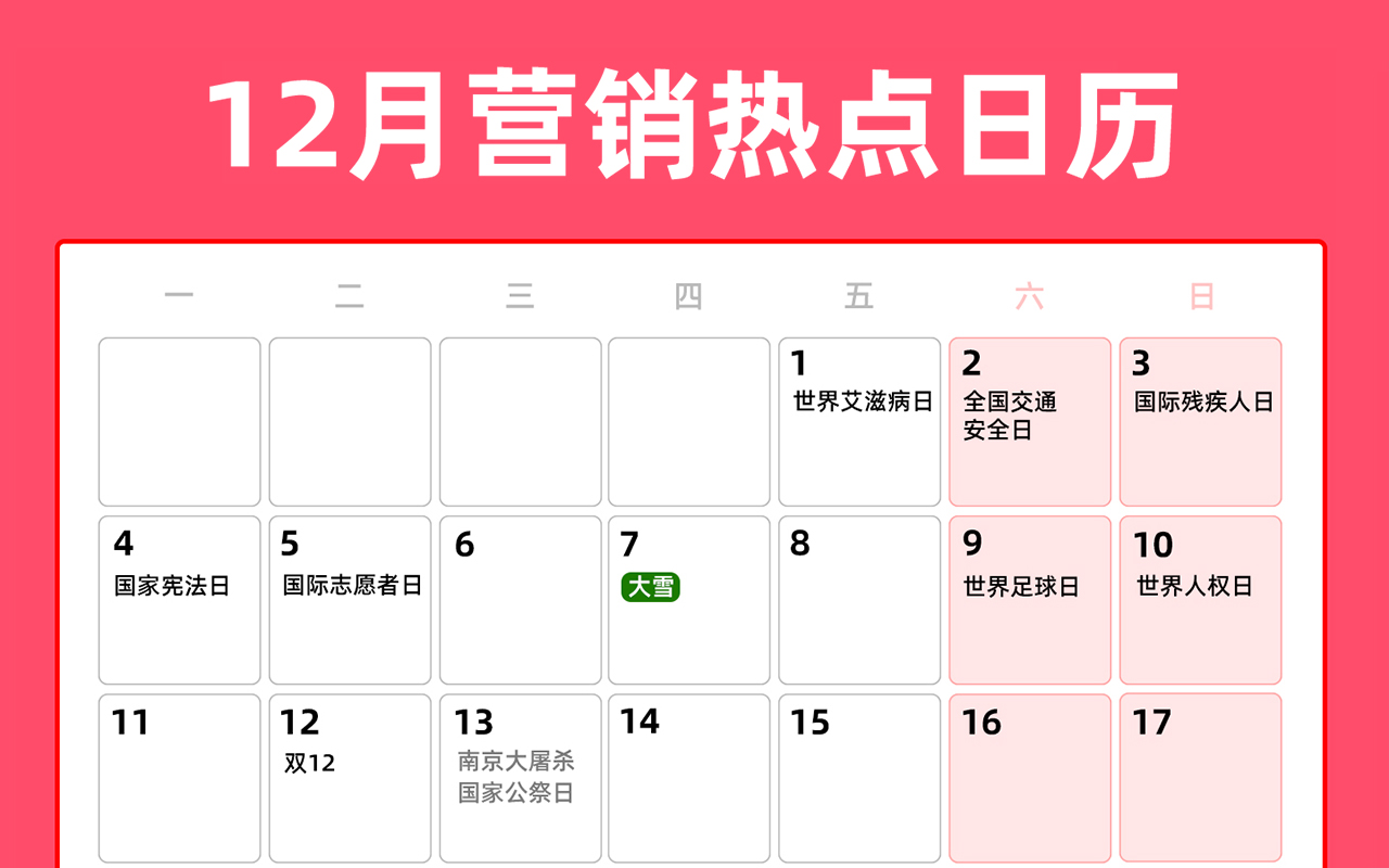 12月营销热点日历丨大雪、冬至、双12、圣诞节、跨年、年终总结