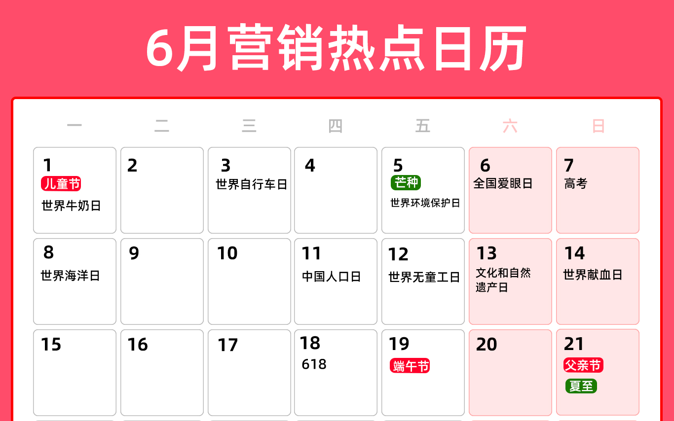6月营销热点日历 | 儿童节、高考、端午节、父亲节、夏至、毕业季