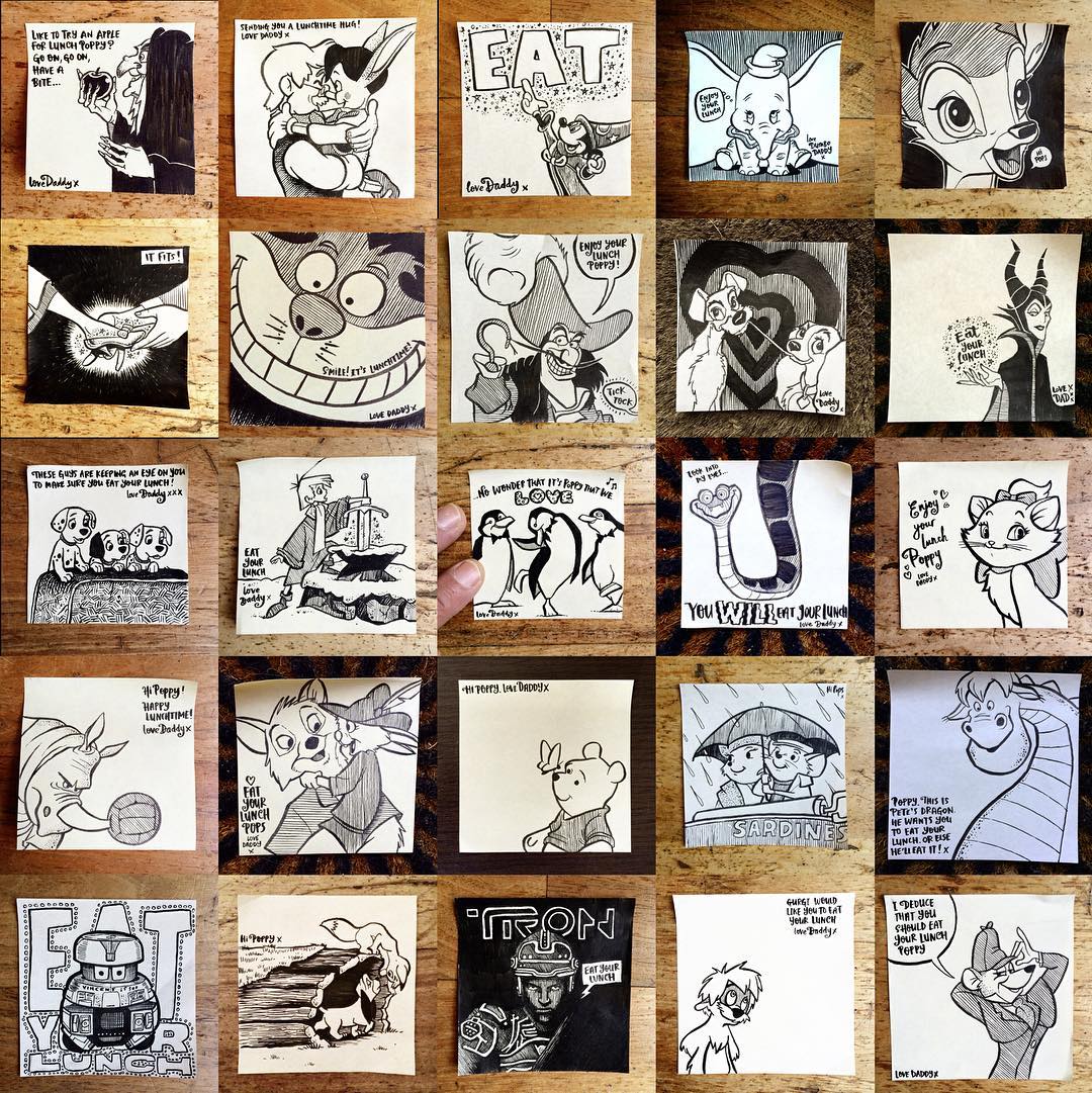 一位英国老爹用便利贴画遍所有卡通人物,只为哄女儿吃饭