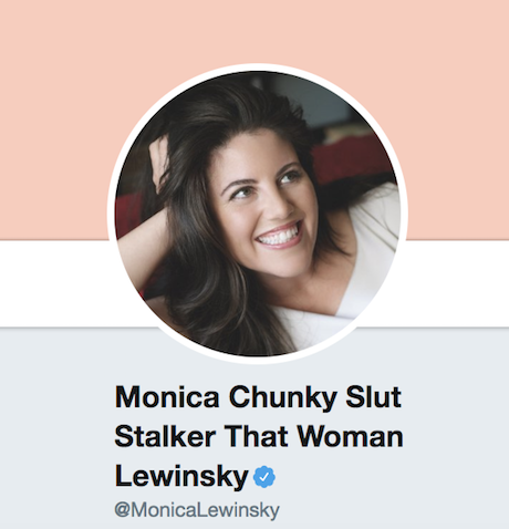 例如,lewinsky将她的twitter名称改为monica chunky slut stalker